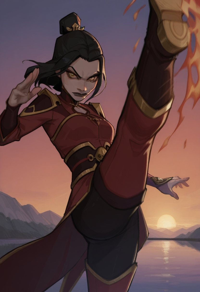 3m1l3style,   masterpiece, best quality, solo,                                                                                                                                                                                            Azula, black hair, gold hair pin, detailed yellow eyes,  red attire, kicking viewer, fire from boots, sunset lake,