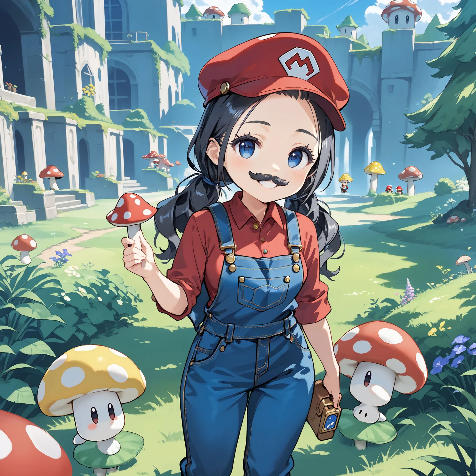 score_max, (score_9, score_8_up, score_7_up:1.2), score_6_up, official art, source_anime,
, masterpiece, absurdres, high detail, 8k,
outdoors, mushroom kingdom, super mario bros. 1,
standing, hand up, holding mushroom, smile,
chibi, solo, marian, forehead, twintails, (fake mustache:1.2), mario costume, red cap, overalls, red shirt,
<lora:XL_Pony_MGCM-marianne-t1:1>
