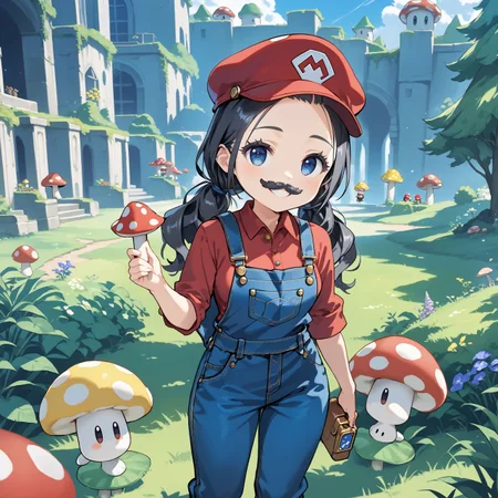 score_max, (score_9, score_8_up, score_7_up:1.2), score_6_up, official art, source_anime,
, masterpiece, absurdres, high detail, 8k,
outdoors, mushroom kingdom, super mario bros. 1, 
standing, hand up, holding mushroom, smile,
chibi, solo, marian, forehead, twintails, (fake mustache:1.2), mario costume, red cap, overalls, red shirt,
<lora:XL_Pony_MGCM-marianne-t1:1>
