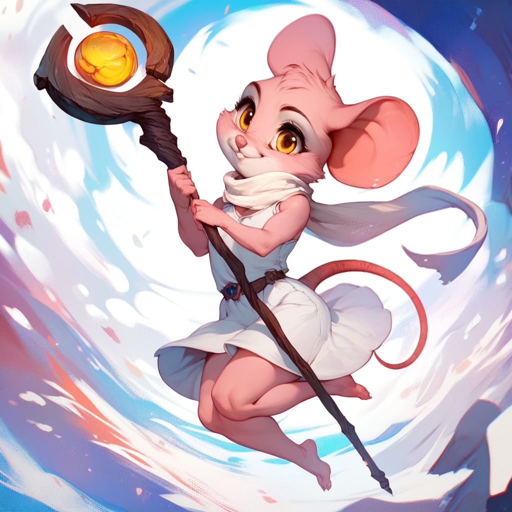 score_9, score_8_up, score_7_up, zPDXL2, detailed background, concept art, realistic, dark theme, low light, solo, anthro mouse girl, tiny, holding magical staff, mouse tail, cute, yellow eyes, white scarf, fluffy, junkyard background, white dress, light pink fur, bottomless,