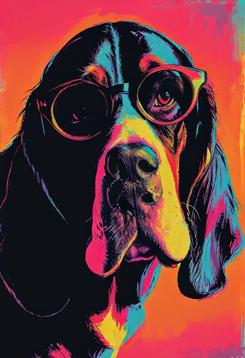impactful color paint of, a Basset Hound, wearing dark sunglasses, highly detailed, vibrant colors , 8k, sharp, professional, clear, high contrast, high saturated, , vivid deep blacks, crystal clear