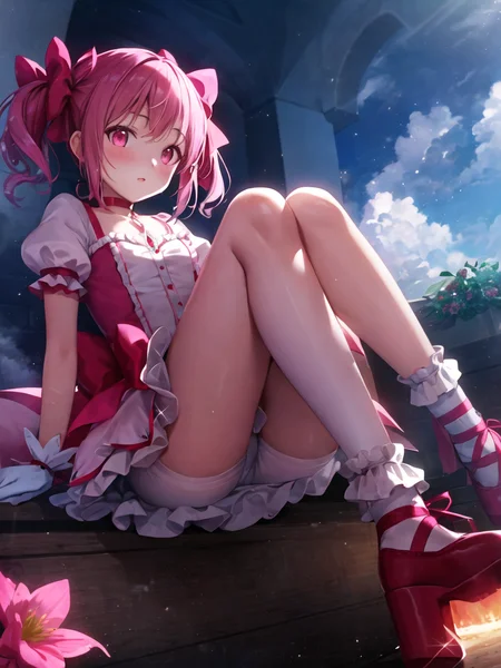 (masterpiece, best quality, ultra detailed,illustration,CG , hdr:1.2),
1girl, solo,madoka-v1 , looking at viewer, dynamic angle , cinematic angle , depth of field , detailed and beautiful glow , detailed shadow , caustics, ray tracing , bokeh , lens flare,
pink hair, gloves, white gloves, twintails, frilled socks, pink eyes, socks, frills, white socks, short sleeves, skirt, choker,white skirt, puffy short sleeves, puffy sleeves, bubble skirt, red footwear, frilled sleeves, short twintails, frilled skirt,ribbon, bow, soul gem, magical girl, leg ribbon, ankle ribbon, shoes, hair ribbon, parted lips, red choker, buttons, collarbone, pink theme, ribbon choker, pink ribbon, kneehighs, dot nose, blush, small breasts, light particles, hair bow, cross-laced footwear, hand up, breasts,
(delicate flowers and clouds, soft pink hue , whimsical and romantic atmosphere,fantasy and charm,sparkle :1.2 ) ,
<lora:madoka-000010:0.8>,
