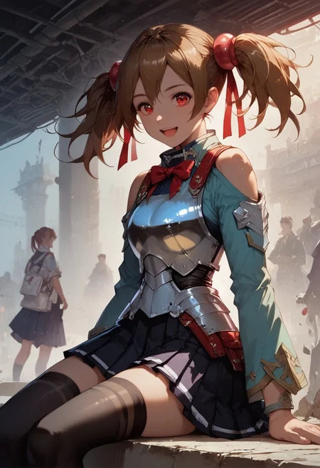 score_9, score_8_up, score_7_up, 1girl, silica, solo, skirt, brown hair, open mouth, red eyes, thighhighs, breastplate, twintails, white background, black skirt, pleated skirt, armor, smile, ribbon, skirt, thighhighs, breastplate, black skirt, pleated skirt, armor,, black thighhighs, rminiskirt, bus stop, public place nighttime vibrant lighting, street lights, high contrast, dramatic shadows, highly detailed, detailed skin, depth of field, tilted angle, moody lighting, exy pose,professional lighting, perfect quality, high quality, photorealistic, sitting, (((supermodel))),((goddess))