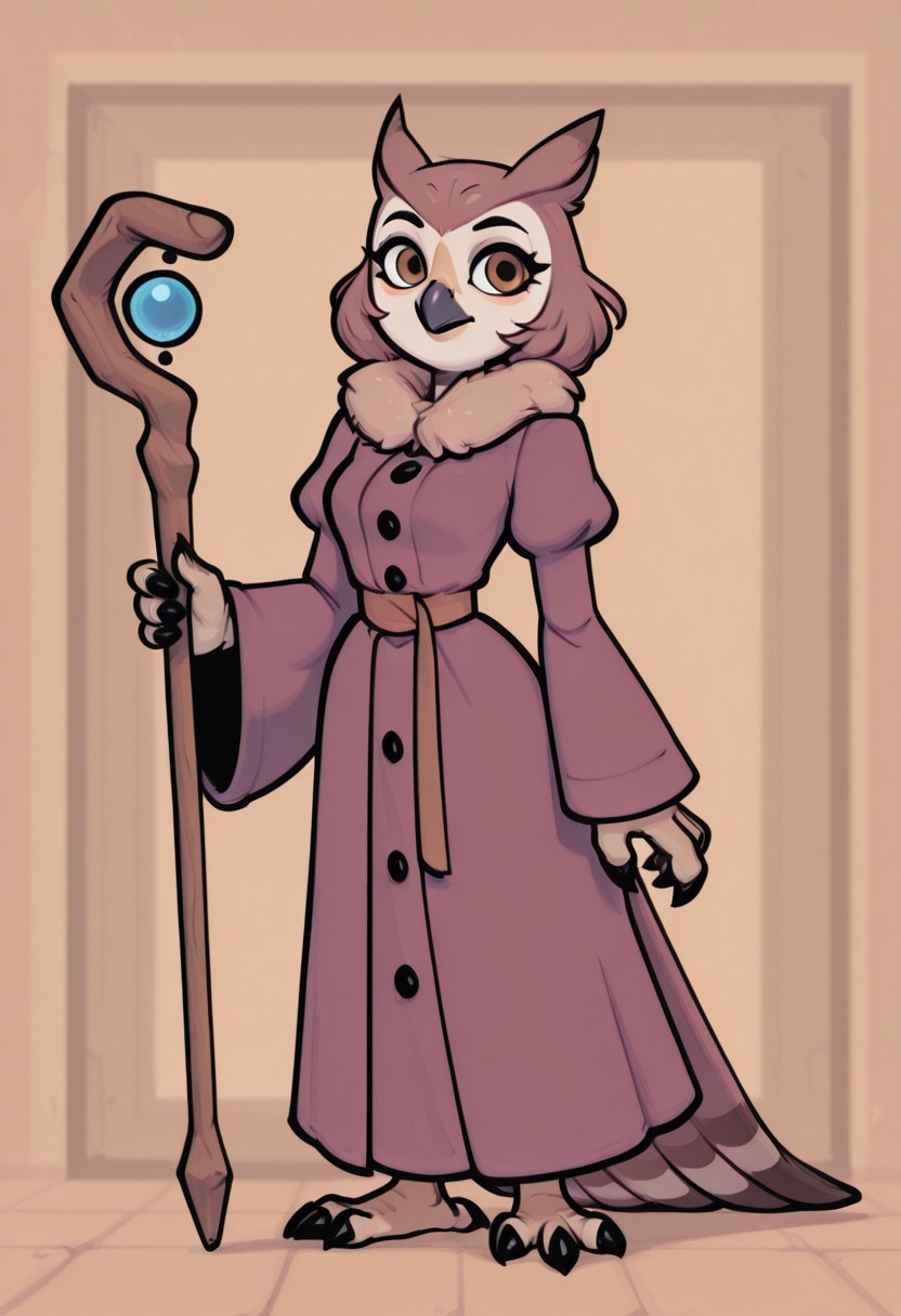 smoove,

1girl, solo, beak, bird girl, black claws, brown eyes, claws, coat, fur collar, furry, furry female, juliet sleeves, long sleeves, owl girl, puffy sleeves, purple coat, staff, wide sleeves