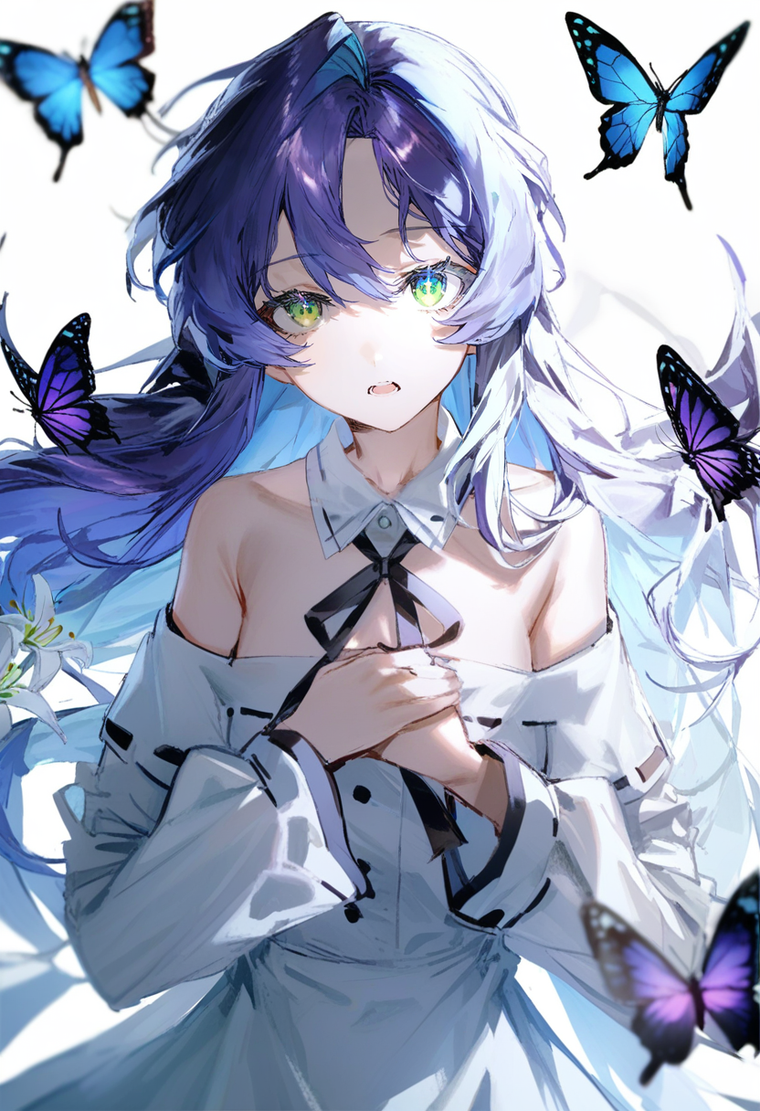 masterpiece, best quality,<lora:QUASARCAKE_XL_ANI31_lokr_V42310:0.95> 1girl, solo, long hair, flower, butterfly, bug, looking at viewer, white flower, floating hair, open mouth, white background, upper body, off shoulder, blue hair, bare shoulders, ribbon, neck ribbon, long sleeves, simple background, hands on own chest, black ribbon, white shirt, blue butterfly, shirt, lily \(flower\), blurry, own hands together, collarbone, kisaragi chihaya, off-shoulder shirt, purple butterfly, ribbon trim, hands up, detached collar, dress, blurry foreground, teeth, purple flower, multicolored hair, depth of field, multicolored eyes, green eyes, off-shoulder dress