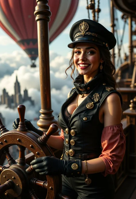 Steampunk movie scene of beautiful smiling female airship captain at the captain's wheel on the deck of steampunk airship, intricately detailed deck of steampunk style airship, clouds below ship and steampunk city skyline background, Cinematic style, Beauty, Realism, Photorealism, Chiaroscuro, High quality, high action pose, perfect pupils, insanely detailed faces, correct digits, realistic skin, intricately detailed, film grain, HD, 8k, volumetric lighting, clear volumetric lighting, perfect eyes, perfect pupils, expressive eyes, perfection style, aidmafluxpro1.1, Jed-stmpnk, steampunk