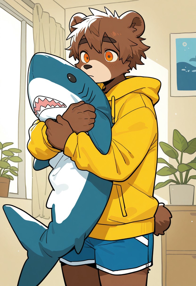 best quality, amazing quality, very aesthetic, absurdres, newest, by milkybot, room, plants, BREAK
furry, male, bear boy, orange eyes, brown fur, two-tone body, hugging shark pillow, yellow hoodie, blue shorts