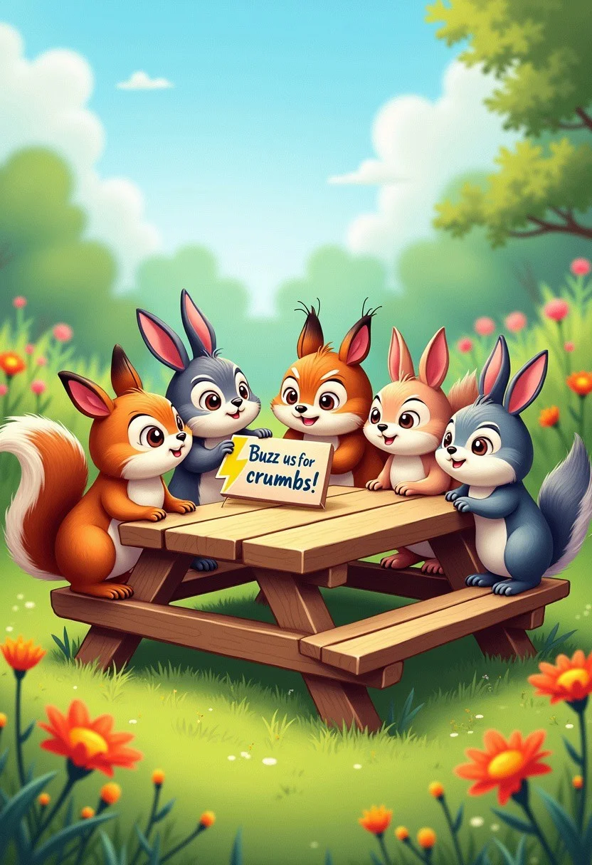 A whimsical illustration of a group of cartoon animals (e.g., squirrels, rabbits, birds) gathered around a tiny picnic table, looking directly at the viewer with hopeful expressions. On the picnic table is a miniature sign that reads 'Buzz Us for Crumbs!' with the yellow and blue thunderbolt symbol playfully integrated into the design of the sign. The background is a vibrant, storybook-style meadow filled with wildflowers. The colors are bright and cheerful, and the overall mood is playful, lighthearted, and directly asks for a 'buzz' in a fun and engaging way.