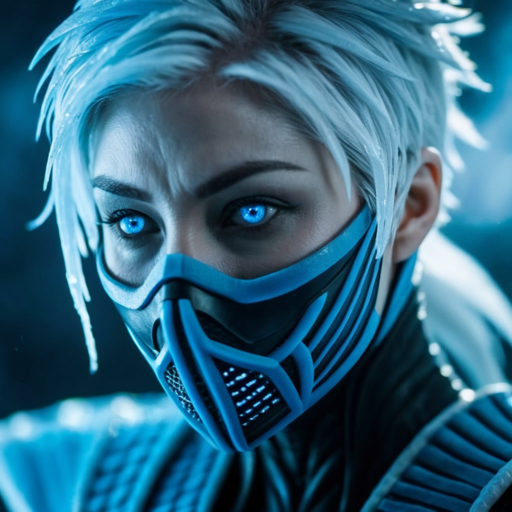 cinematic film still of  <lora:Frost Mortal Kombat:1>
Frost Mortal Kombat a pale white cold skin woman with an ice frost hair and frost eyes and a blue ninja mask, shallow depth of field, vignette, highly detailed, high budget, bokeh, cinemascope, moody, epic, gorgeous, film grain, grainy