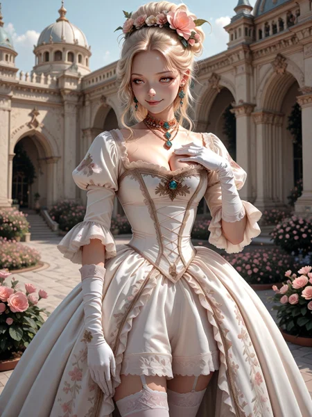masterpiece, best quality, amazing quality, very aesthetic, absurdres, newest, cowboy shot,1girl, age 30, standing, touching own chest, white thighhighs, underwear, blonde hair, dynamic pose, evil smile:0.6,  dress, white gloves, necklace, earrings, flower hair ornament, cleavage, outside, garden, palace, <lora:Versailles_Fashion_Women:1.0>