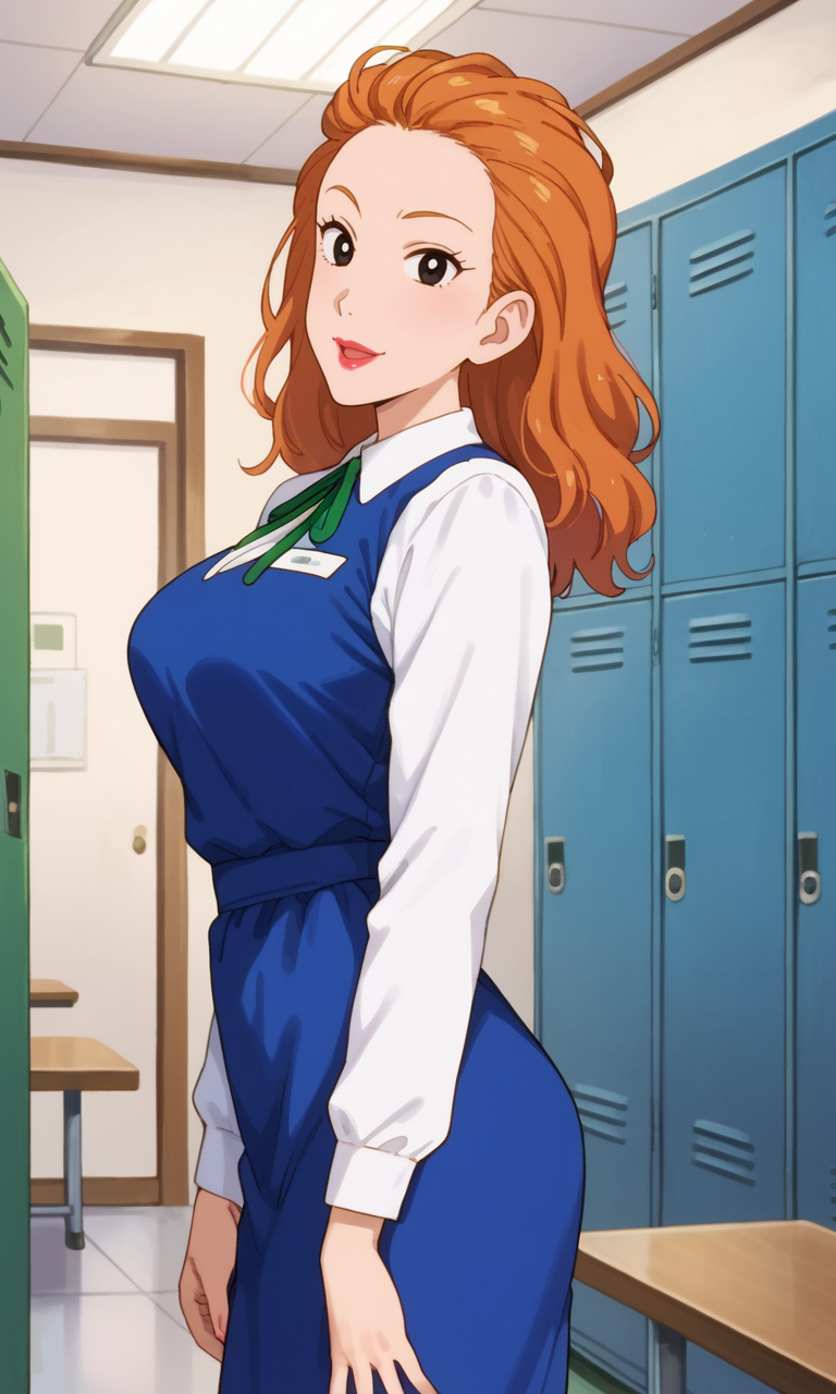 (1girl:1.5), (solo:1.3), (score_9, score_8_up, score_7_up, score_6_up, score_5_up, score_4_up), (source_anime), rating_questionable, looking at viewer,
 <lora:koshitani-junko_v1:0.9> (koshitani-junko), (black eyes, orange hair, long hair, slicked back hair, forehead, eyelashes, lips, lipstick), (blue dress, white shirt, collared shirt, long sleeves, green ribbon, neck ribbon), (large breasts),
indoors, 
smile,  ^ ^,  open mouth,  
locker rooms, (cowboy shot:1.3),
open clothes, standing,  (from side:1.3)