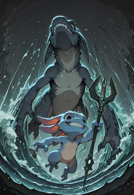 embedding:IllusP0s, codex sss chroma, dynamic angle, low angle view, from below, wide shot,
BREAK
(1boy, fizz, yordle, amphibian, blue skin, holding one trident, mischievous grin, jumping in foreground:1.2)
BREAK
a giant prehistoric shark, megalodon, animalistic, scarred grey hide, soulless black eyes, rows of serrated teeth, jaws wide open in a roar, emerging from the depths behind fizz, no arms, no legs, summoning, magic, water splash, waves, sea surface, foam, ocean, water
BREAK
stormy sky, dark clouds, dramatic shadows, motion blur, school of fish fleeing, sunken ship in background