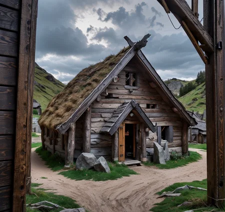 RAW photo, (masterpiece:1.3), subsurface scattering, heavy shadow, (high quality:1.4), (intricate, high detail:1.2), professional photography, HDR, High Dynamic Range, realistic, ultra realistic, photorealistic, high resolution, film photography, ambient lighting, atmospheric effects, <lora:detail_slider_v4:2>, OverallDetail, medieval viking house with standing stones, ViVi, <lora:VikingVillage-10:0.85>,  epiCPhoto