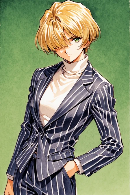 MariaTachibana,1girl,solo,blonde hair,hair over one eye,short hair,green eyes,business_suit,pinstripe suit,white turtleneck,pants,traditional media,hand in pocket,formal,suit,striped,pinstripe pattern,looking at viewer,turtleneck,green background,<lora:Sakura Wars_XL:0.8>,
