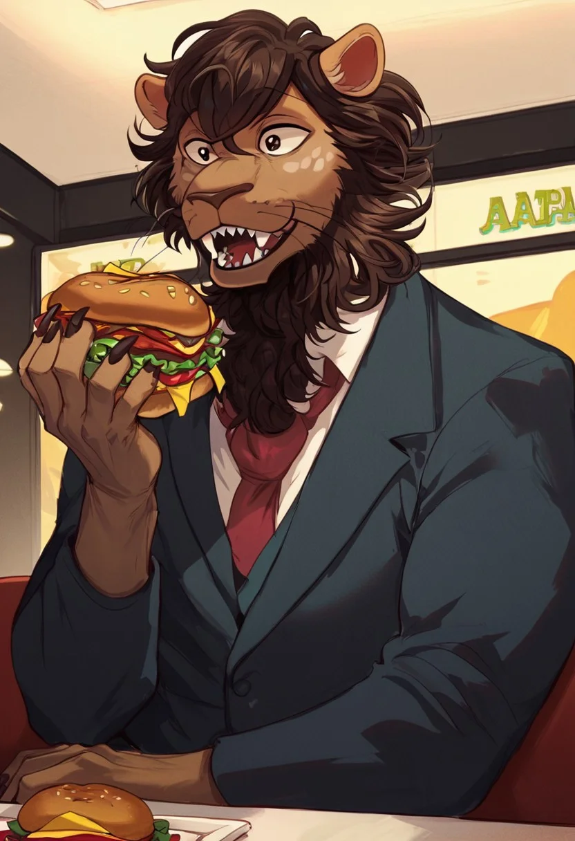 score_9, score_8, score_8_up, score_7, agata (beastars), anthro, lion, male, 1boy, solo, freckles, muscular male, male focus, indoors, holding burger, looking at burger, open mouth, sharp teeth, restaurant, suit and tie, smile