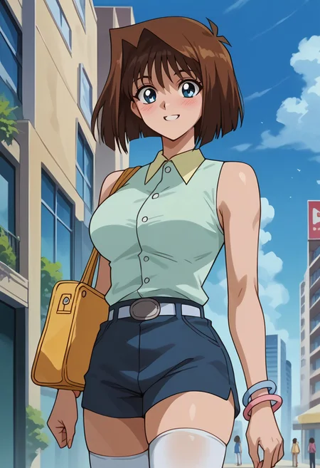 <lora:Anzu_MazakiPonyXL:0.7>, score_9, score_8_up, score_7_up, score_6_up, source_anime, anime screencap, BREAK, uncensored, brown hair, short hair, blue eyes, athletic sexy body, slim waist, large breasts, anzumazakispe, light blue sleeveless shirt, belt, blue shorts, white thighhighs, outdoors, city, sky, clouds, standing, blush, smile,bracelets, one strap yellow purse, upper body