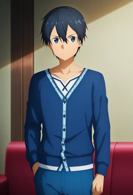 masterpiece, best quality, , anime screencap, anime coloring, official style, , 1boy, solo, male focus, <lora:kazuto_kirigaya_ilxl:0.94>, kazuto_kirigaya_alicization, black hair, black eyes, short hair, hair between eyes, sword art online: alicization, , Convertible pants, Henley cardigan, , ,