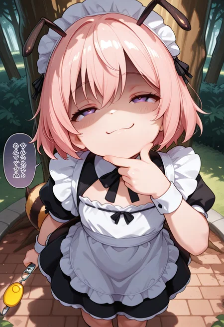 masterpiece, BEST QUALITY, solo, aged down,
short body, short hair, round face,
short limb,
looking up,
tilted head,
under tree,
shadows from tree canopy on her,
sunny day,
CivChan, purple eyes, pink hair, maid outfit,
small breasts, park, from above, shaded face, (smug:1.2), head tilt,
open eyes,
Bee girl mixture costume,
bee tail.
cpbt
folded elbow,
1 crime prevention buzzer holding below her chin,
pulling gesutre,
unholy-aesthetic
BREAK
2.5D REALISTIC
ABSURDRES
AMAZING QUALITY
BALANCED HISTGRAM on subject
CONTRAPPOSTO
LOW-KEY HISTGRAM ON BG
NEWEST
PERSPECTIVE
SOLO FOCUS
ULTRA DETAILED EYES, EYE HIGHLIGHTS
ULTRA DETAILED FACE
VERY AESTHETIC
very awa
speech bubble beside her face asking buzz "need buzz?"