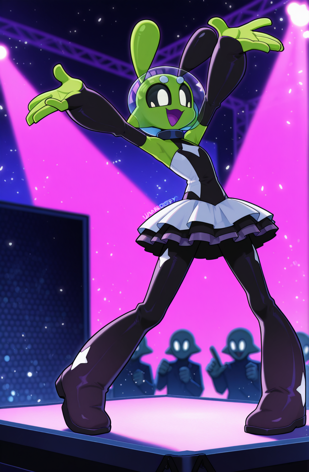 Score_9, score_8_up,  4k, masterpiece, best quality, score_7_up sploot,1girl,colored_sclera,white eyes,alien,antennae, idol, dress, Stage,  neon_lights, happy, dynamic_pose,blurred_background, arm up, light_particles, teleprompter , jumbotron