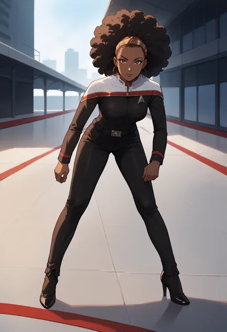 core_9, score_8_up, score_7_up, score_6_up, 1girl,dark skin,african,on a runway,posing,stuning,afro,high heels,
toddunf,star trek uniform,black jumpsuit,white shoulders
,<lora:STOdysPony>