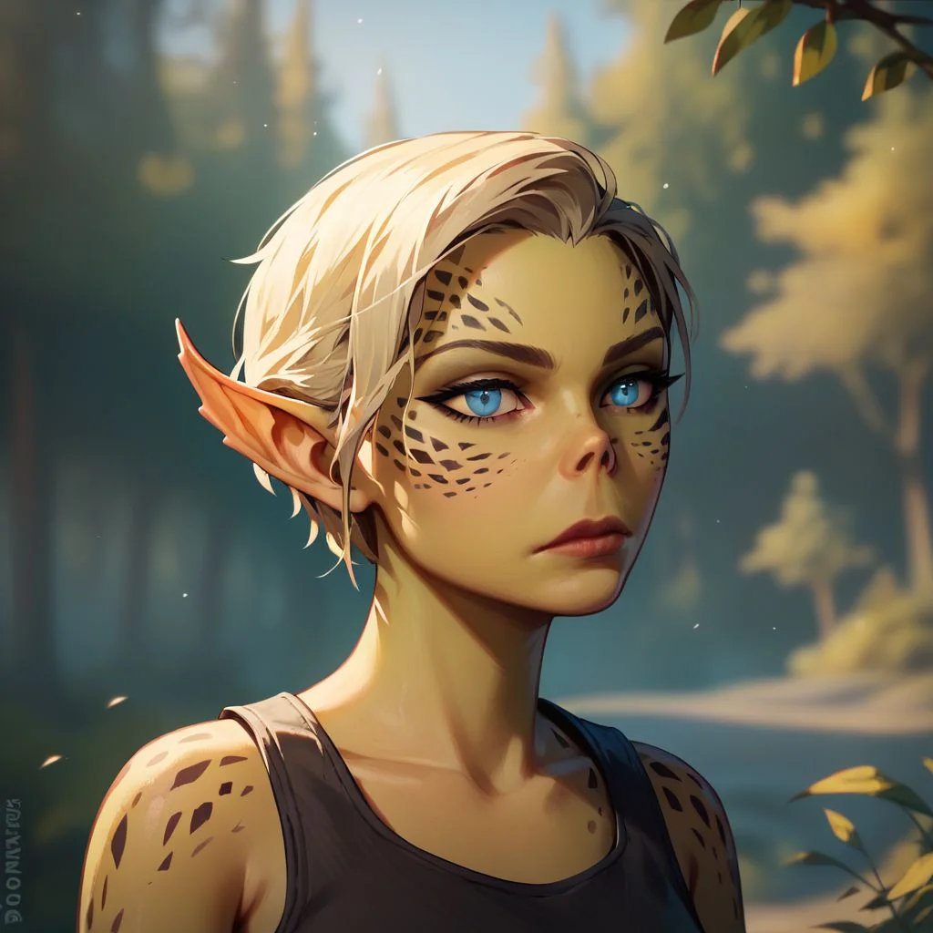 (((beautiful, high quality))), upper body, score_9, score_8_up, score_7_up, solo,
Gith, pointed ears, spots on skin, flat nose, 1girl, blue eyes, short blonde hair, black tank top,
Outdoor, fantasy background, nature, blurred background,
