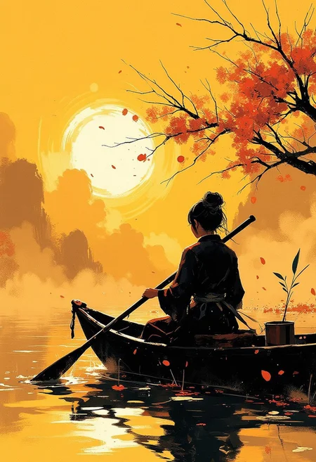 in the style of ck-mgs, nistyle, Special Ink-drawing mode, intricate linework with expressive contrasts, Mh1$AgThS2, Inkplash art on rice paper, sepia, henna , Silhouette Art, magnificent, inksplash closeup portrait of Chinese woman in a rowing boat, sunset, calm lake, redlection
