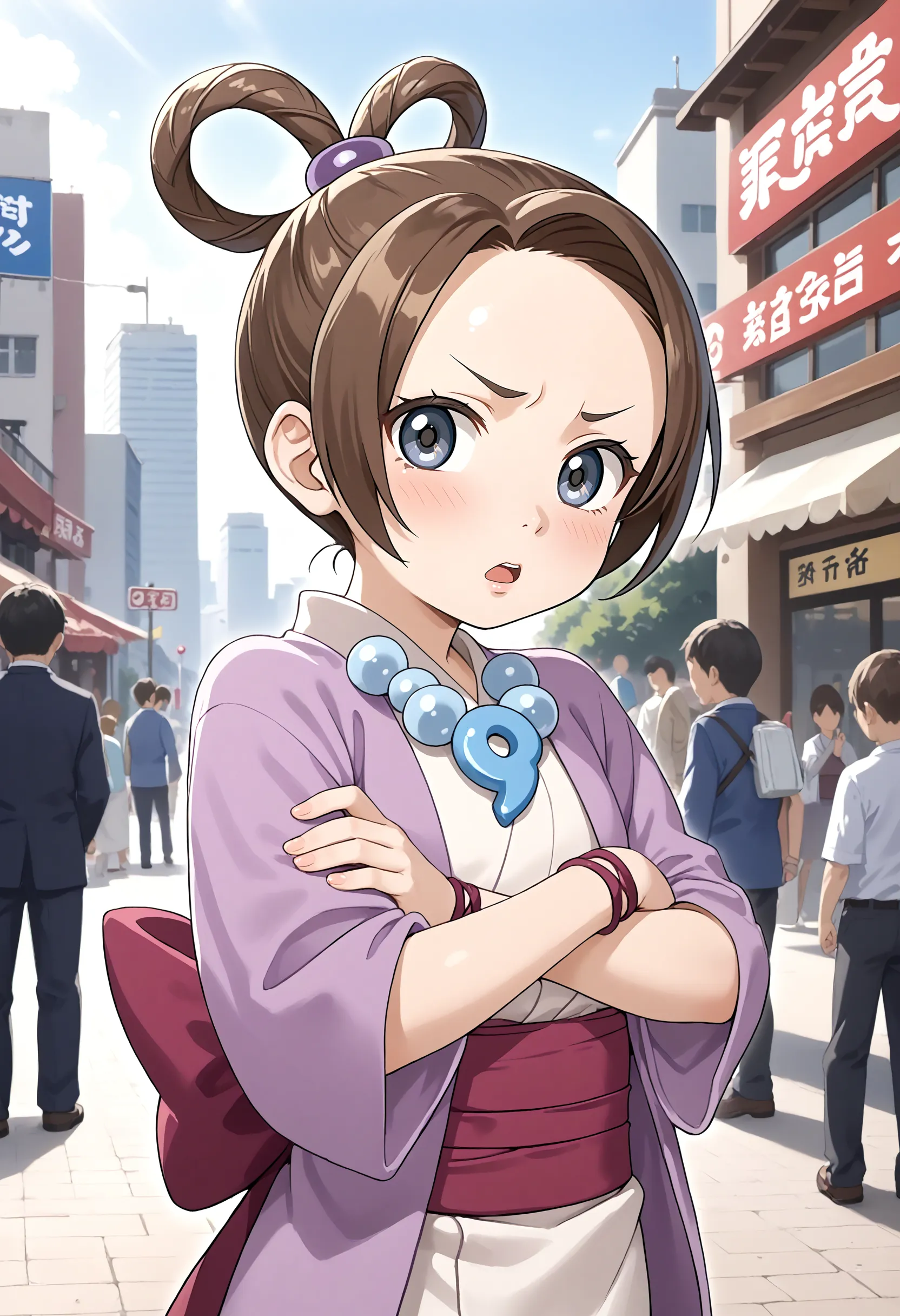 <lora:Hyper-SDXL-8steps-lora:1> <lora:Fixhands_anime_bdsqlsz_V1:1> zPDXL2, score_9, score_8_up, score_7_up, source_anime, intricate details, perfect anatomy BREAK
outdoors, city, tokyo, japan, audience, crowd, crossed arms, upper body, looking at viewer, Disgusted, A wrinkled nose, raised upper lip, and a slightly open mouth., 1girl, solo, solo focus, 
<lora:AA-pearl_fey_XL(pony)v10:1> ayasatoharumi, brown hair, hair rings, grey eyes, hair ornament, magatama necklace, ayasatoharumi outfit, purple kimono, red obi, black sandal,