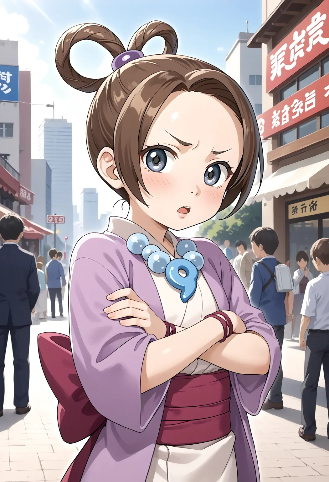 <lora:Hyper-SDXL-8steps-lora:1> <lora:Fixhands_anime_bdsqlsz_V1:1> zPDXL2, score_9, score_8_up, score_7_up, source_anime, intricate details, perfect anatomy BREAK
outdoors, city, tokyo, japan, audience, crowd, crossed arms, upper body, looking at viewer, Disgusted, A wrinkled nose, raised upper lip, and a slightly open mouth., 1girl, solo, solo focus,
<lora:AA-pearl_fey_XL(pony)v10:1> ayasatoharumi, brown hair, hair rings, grey eyes, hair ornament, magatama necklace, ayasatoharumi outfit, purple kimono, red obi, black sandal,