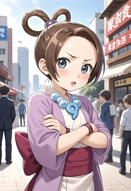 <lora:Hyper-SDXL-8steps-lora:1> <lora:Fixhands_anime_bdsqlsz_V1:1> zPDXL2, score_9, score_8_up, score_7_up, source_anime, intricate details, perfect anatomy BREAK
outdoors, city, tokyo, japan, audience, crowd, crossed arms, upper body, looking at viewer, Disgusted, A wrinkled nose, raised upper lip, and a slightly open mouth., 1girl, solo, solo focus,
<lora:AA-pearl_fey_XL(pony)v10:1> ayasatoharumi, brown hair, hair rings, grey eyes, hair ornament, magatama necklace, ayasatoharumi outfit, purple kimono, red obi, black sandal,