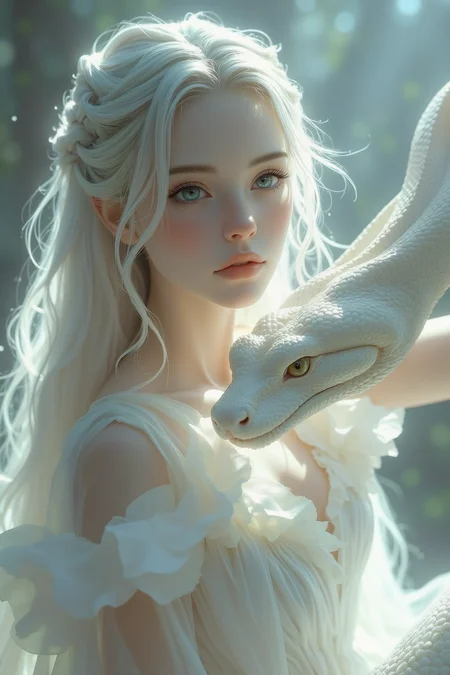 A surreal and hyper-realistic scene featuring a classical beauty dressed in a flowing white silk gown, accompanied by a majestic white snake. The intricate details of her attire and the snake's scales are highlighted, set against a dreamy, ethereal background. The scene is illuminated with soft, magical lighting, enhancing the otherworldly and enchanting atmosphere.
surreal, hyper-realistic, classical beauty, white silk gown, majestic white snake, intricate details, dreamy background, ethereal, soft magical lighting, enchanting, otherworldly, visually stunning, high quality, detailed, sharp clarity, breathtaking, elegant, graceful.
looking at viewer, long hair, white hair,
<lora:Midjourney_-_SemiReal_Dreams_FLUX_LoRA:0.85>