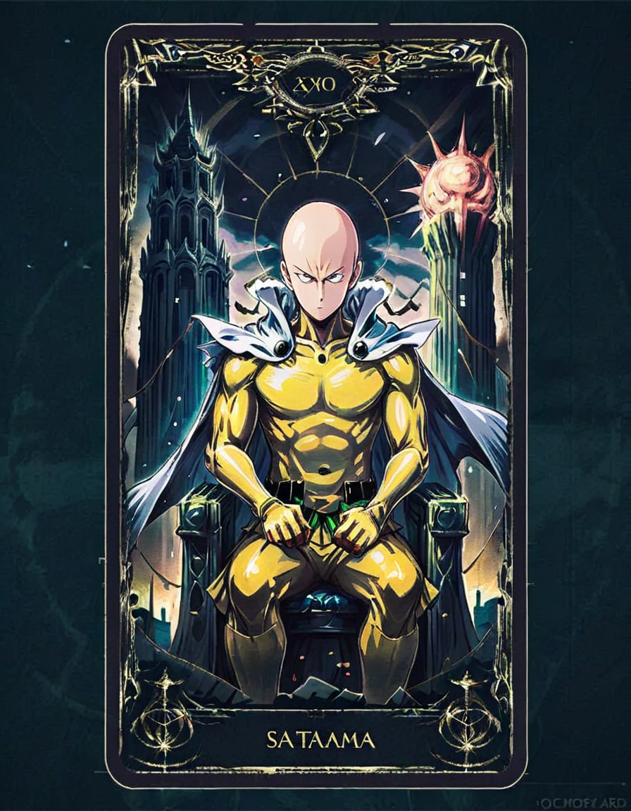 In this Tarot card, Saitama from 'One Punch Man' embodies 'The Emperor.' His unimpressed, stoic face contrasts with the grandeur of his throne, symbolizing authority, structure, and solid foundations, with a cityscape in the background <lora:edrtcard:0.7>