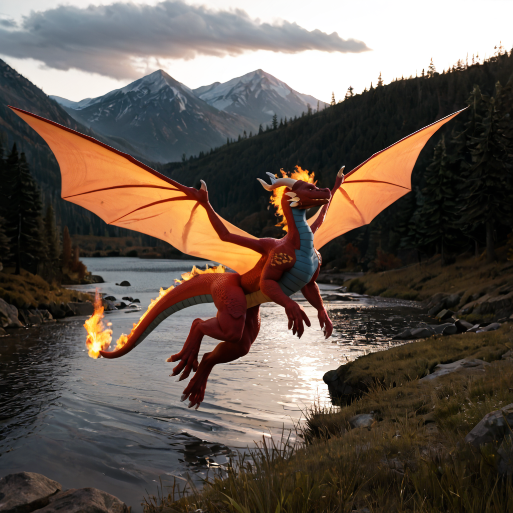 score_9, score_8_up, score_7_up, score_6_up, score_5_up, score_4_up, rating_safe,zPDXL2,mydaz,solo,dragon,wings,breathing fire,tail,outdoors,lake,flying,  <lora:MydazExpanded:1>