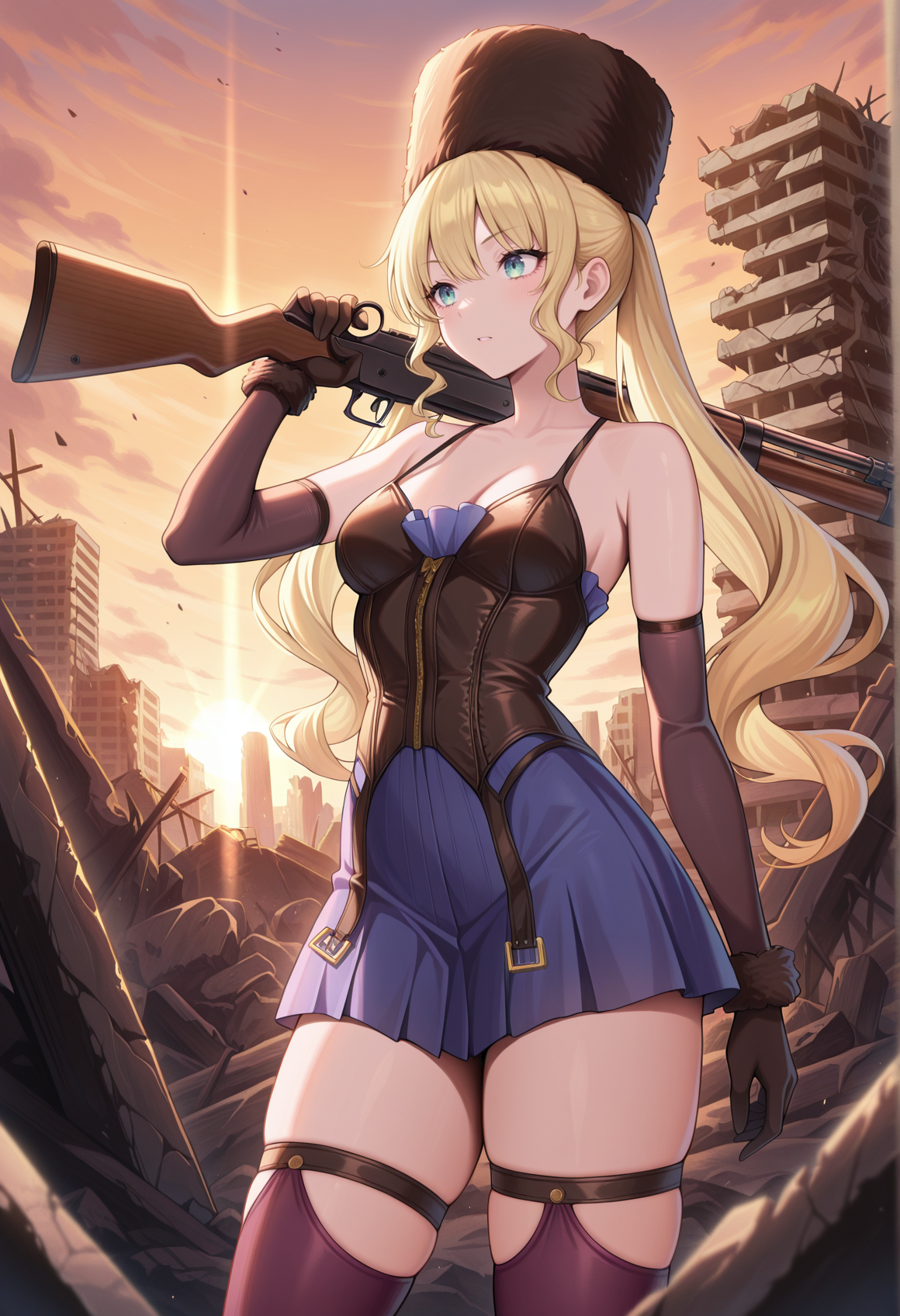 1girl, long hair, blonde hair, twintails, short dress, corset, elbow gloves, thighhighs, thigh strap, fur hat, weapon over shoulder, holding rifle, outdoors, ruins, sunset  <lora:Mia_code_vein:1>, masterpiece, best quality, amazing quality, very aesthetic, absurdres, highres, newest