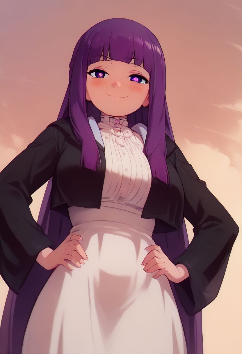 score_9, score_8_up, score_7_up, pinup girl pose, Expressiveh, aesthetic, dramatic angle, unique perspective, unique angle,  
big breasts, 
patFern, long hair, bangs, purple eyes, purple hair, sidelocks, blunt bangs, bright pupils, half updo, long sleeves, dress, white dress, long dress, robe, black robe,
 hands on hips, looking at viewer, cowboy shot, dutch angle, solo,
extremely smug, smile,  
blush, horny,