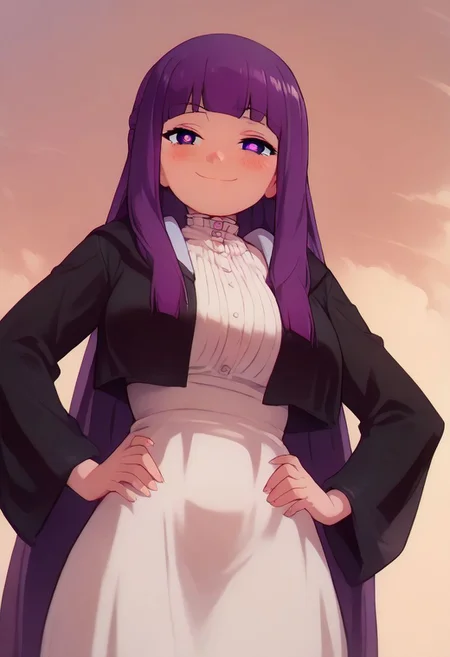 score_9, score_8_up, score_7_up, pinup girl pose, Expressiveh, aesthetic, dramatic angle, unique perspective, unique angle,  
big breasts, 
patFern, long hair, bangs, purple eyes, purple hair, sidelocks, blunt bangs, bright pupils, half updo, long sleeves, dress, white dress, long dress, robe, black robe,
 hands on hips, looking at viewer, cowboy shot, dutch angle, solo,
extremely smug, smile,  
blush, horny,