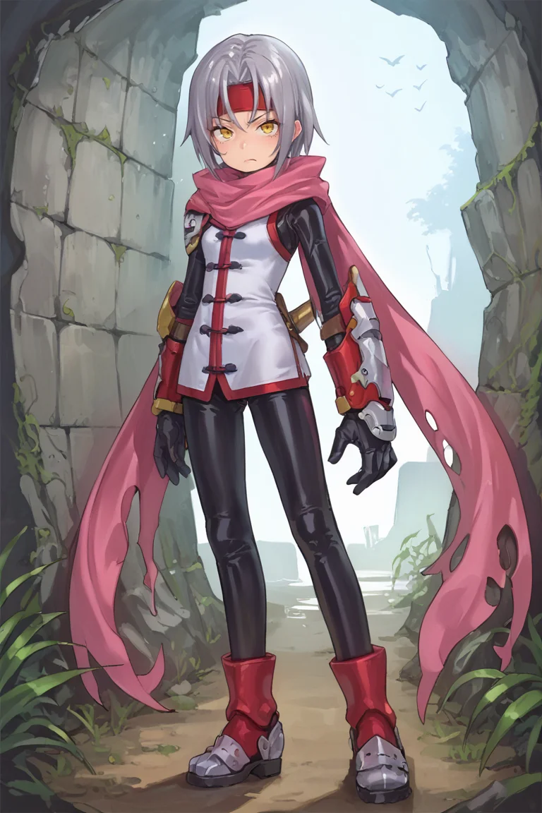 score_9, score_8_up, score_7_up, score_6_up, source_anime, BREAK, <lora:Zilva:0.6> , zildef, 1girl, short hair, grey hair, yellow eyes, red headband, mask, scarf, pink scarf, white sweater vest, white shirt, bodysuit, black bodysuit, bodysuit under clothes, (single gauntlet), black gloves, sheathed, red sock, armored shoes, looking at viewer, serious expression, closed mouth, full body, <lora:detailed_backgrounds_v2:0.6> , masterpiece, best quality, very aesthetic, absurdres, forest, ruins, outdoors, nature, blue sky, <lora:2024_PandoraBox_V1:0.7> , P4ndora_PS,
