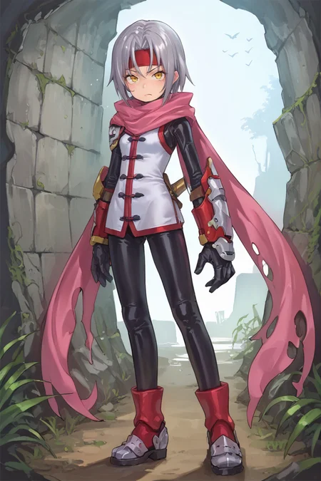 score_9, score_8_up, score_7_up, score_6_up, source_anime, BREAK, <lora:Zilva:0.6> , zildef, 1girl, short hair, grey hair, yellow eyes, red headband, mask, scarf, pink scarf, white sweater vest, white shirt, bodysuit, black bodysuit, bodysuit under clothes, (single gauntlet), black gloves, sheathed, red sock, armored shoes, looking at viewer, serious expression, closed mouth, full body, <lora:detailed_backgrounds_v2:0.6> , masterpiece, best quality, very aesthetic, absurdres, forest, ruins, outdoors, nature, blue sky, <lora:2024_PandoraBox_V1:0.7> , P4ndora_PS,