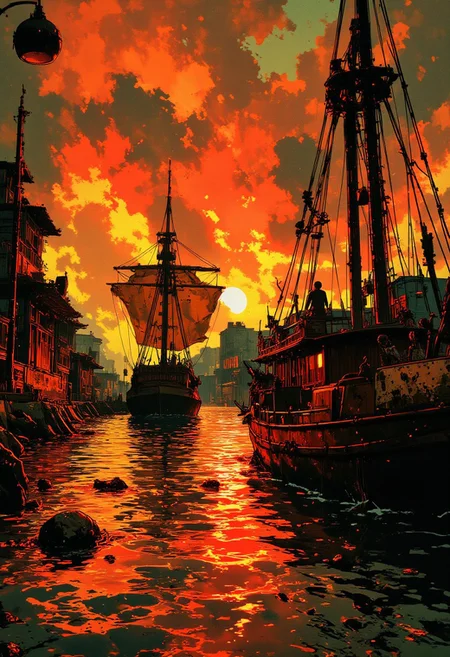 nistyle, inksketch of a Chinese Junk sailing into a south-east asian medieval harbour, sunset
