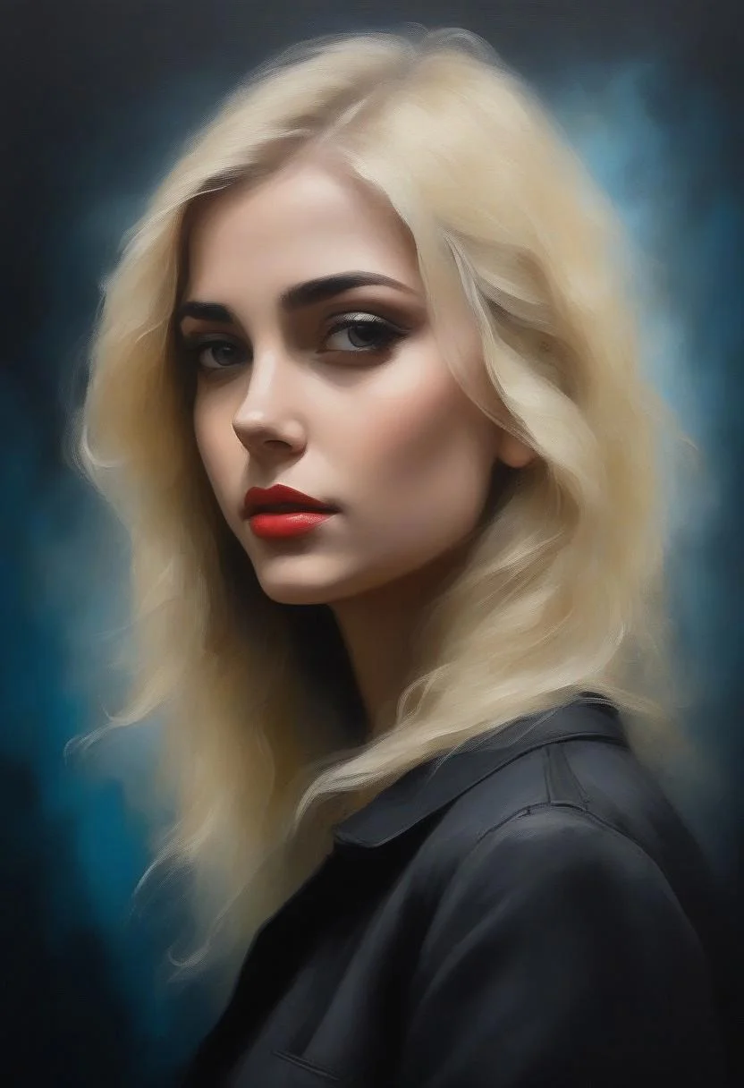 (((classical oil painting))), (((side view of cute short modern blonde Polish girl standing confidently in brothel))), (cute expression), (((dimples))), ((dark eyes)), (smoky air), ((neon)), Intricate textures, (high detailed skin:1.7),