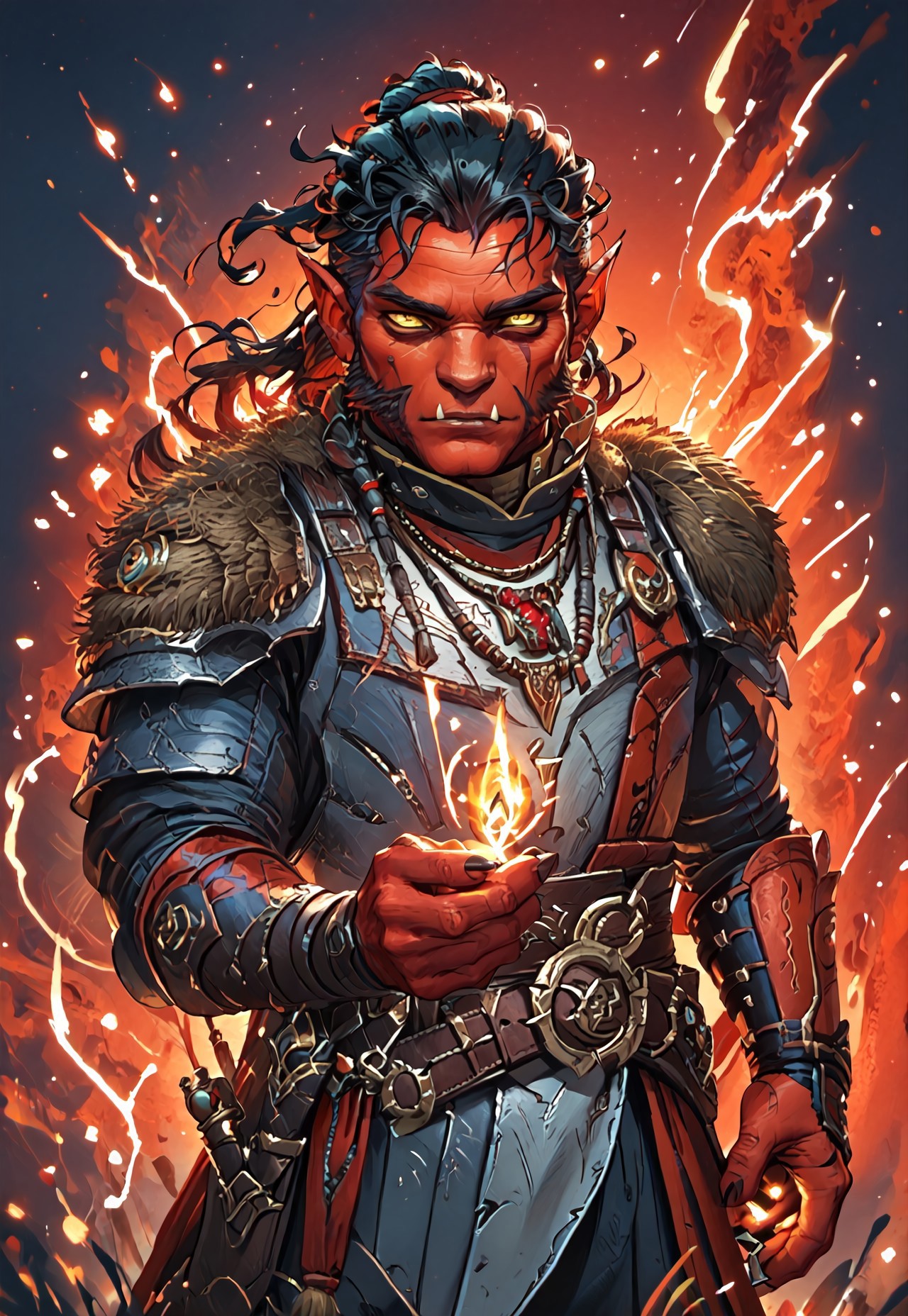 ((zPDXL3)), ((masterpiece,best quality, highly detailed)), ((score_9)), score_8_up, score_7_up, score_6_up, score_5_up, score_4_up, Digital painting style, brushstrokes, ((EnhanceImage)), solo, 1boy, Hobgoblin, red skin, yellow eyes, fangs, big nose, mutton chops, black hair, armor, pauldrons, belt, necklace, muscular,
Expressiveh, 30yo, 
chinese magical sorceress, animated, swirling magic, wisps of magic, magical accessories, evoking motion, conveying motion, dynamic splash art, ((handfixer)), four fingers, one thumb, 
<lora:PainterlyFantasiaPDXL:0.6>,