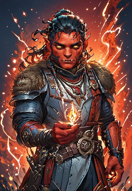 ((zPDXL3)), ((masterpiece,best quality, highly detailed)), ((score_9)), score_8_up, score_7_up, score_6_up, score_5_up, score_4_up, Digital painting style, brushstrokes, ((EnhanceImage)), solo, 1boy, Hobgoblin, red skin, yellow eyes, fangs, big nose, mutton chops, black hair, armor, pauldrons, belt, necklace, muscular,
Expressiveh, 30yo,
chinese magical sorceress, animated, swirling magic, wisps of magic, magical accessories, evoking motion, conveying motion, dynamic splash art, ((handfixer)), four fingers, one thumb,
<lora:PainterlyFantasiaPDXL:0.6>,