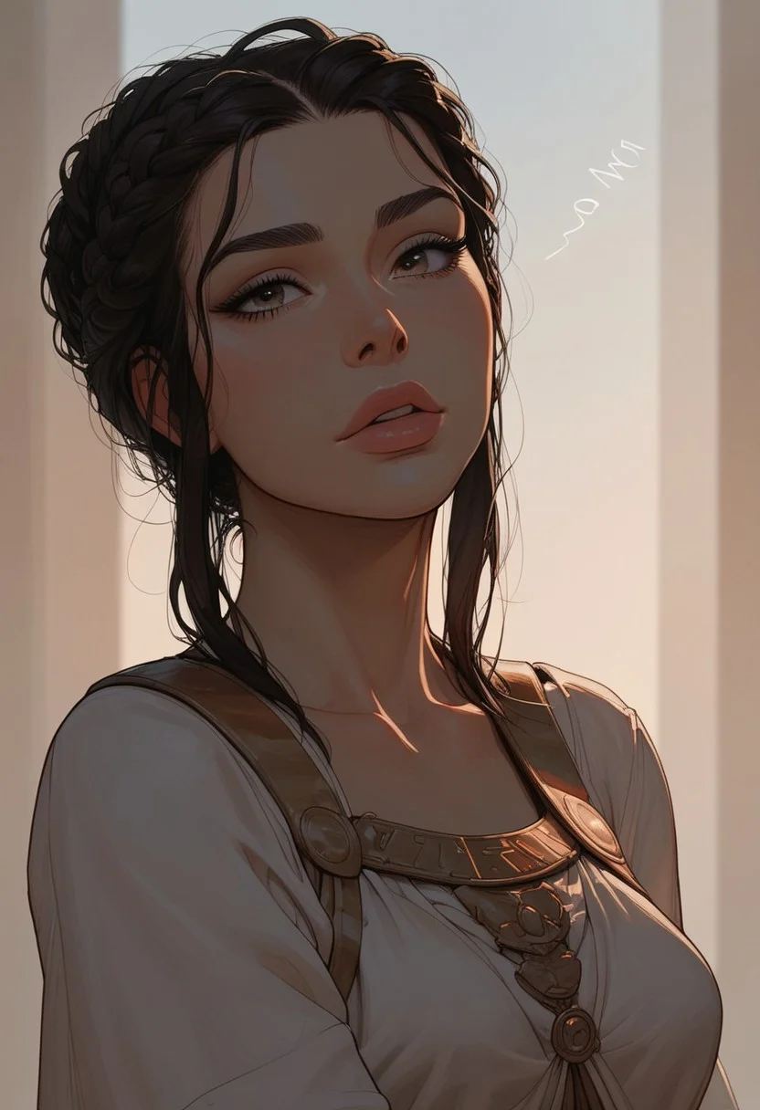 (score_9, score_8_up, score_7_up). ( line work, excellent drawing, highest quality, extremely detailed:1.2). 1woman, Greek Goddess Hera, perfect face, beautiful eyes, long lashes, dark hair, princess braid, glossy lips, ancient greek dress, g0thicPXL, romantic, cinematic lighting, volumetric lighting, motion effects, source_cartoon