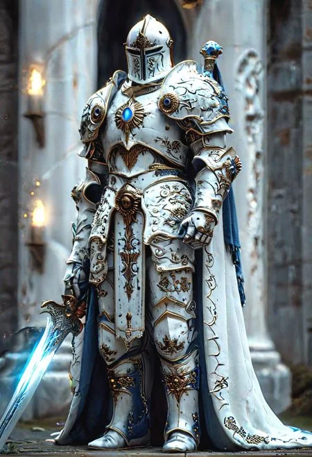 A stunning, holding glowing sword highly detailed dark fantasy full body illustration of a proud  warrior wearing intricate medieval  HKStyle armor and an epic  ornamented mask, golden and blue glooming eyes, very wide shoulders, wearing big gauntlets, epic composition. The warrior stands heroic with a flowing cloak and white hood during a storm with foggy gloom, thunderclouds in the background . The scene depicts him with brooding emotional agony , style by Greg Rutkowski, by Milo Manara and Russ Mills, with insanely intricate details and textures, gloomy dramatic lighting, 8K resolution
made of blue and white porcelain in wonderland, magical, intricate details, best quality, masterpiece, ultra shartp, hyper realistic, realism <lora:PAseer-SDXL-BWPorcelain:0.8>