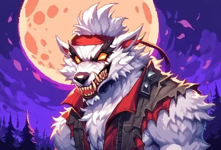 score_9, score_8_up, score_7_up, d3p1x3l, solo, furry, anthro, canine, white fur, yellow eyes, full moon, dark, night, scary, purple mist, simple background, looking at viewer, <lora:Dire_Fortnite:1>, dire, fortnite, werewolf, <lora:d3p1x3lXLP:0.8>, pixel art