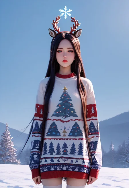 score_9, score_8_up, score_7_up, score_6_up, score_5_up, score_4_up, masterpiece, ultra-detailed, high resolution,
christmas_sweater,chuxue, Demon,
a girl with deer antlers and ears, wearing a white Christmas sweater and stockings, super long hair, standing in the snowfield with snowflakes falling, creating a beautiful and dreamy scene.