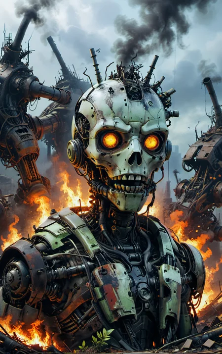 asymmetrical,rot,rust,decay,mold,mildew,weeds,smog,fog,haze,clouds,a futuristic scrap yard,massive dismembered mechanized heads,broken robots,dismembered cyborgs,broken mechanoids,piles of robotic parts and pieces,frayed wires,sparks,oil spills,oil splatters,black smoke,gray smoke,fires,clutter,debris,from a distance,wide shot,junk pile,<lora:add-detail-xl:2>,<lora:WildcardX-XL-Detail-Enhancer:1>, glow effects, godrays, Hand drawn, render, 8k, octane render, cinema 4d, blender, dark, atmospheric 4k ultra detailed, cinematic, Sharp focus, big depth of field, Masterpiece, colors, 3d octane render, 4k, concept art, trending on artstation, hyperrealistic, Vivid colors, extremely detailed CG unity 8k wallpaper, trending on CGSociety, Intricate, High Detail, dramatic