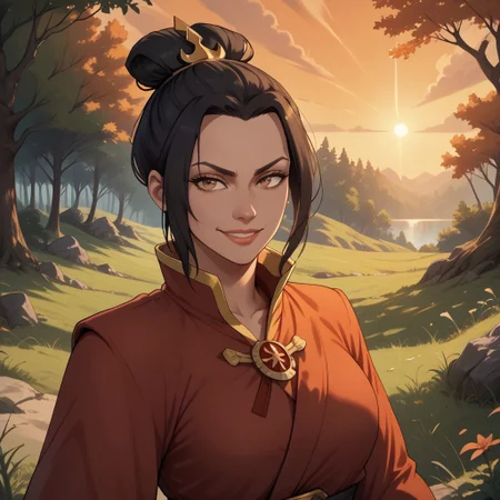 score_9, score_8, BREAK, solo, Azula, black hair, brown eyes, topknot, sidelocks, hair bun, single hair bun, sexy pose, self portrait, smile, outdoors, sunlight, shadows, evening lighting, natural lighting, forest, trees, grass, orange sky, sunset