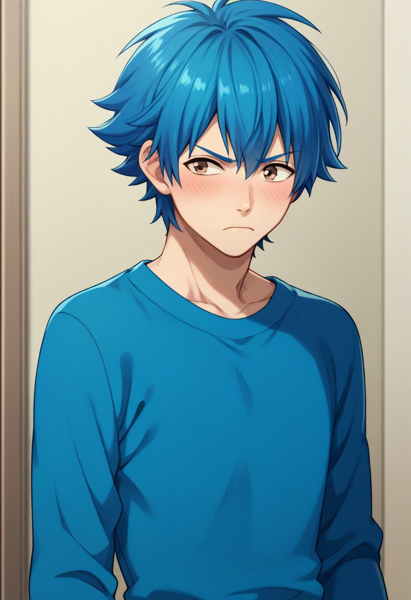 score_9, score_8_up, score_7_up, source_anime, highly detailed, 
aoba, 1boy, male focus, solo, brown eyes, blue hair, short hair, shirt, blue shirt, long sleeves, frown, blush,
indoor,