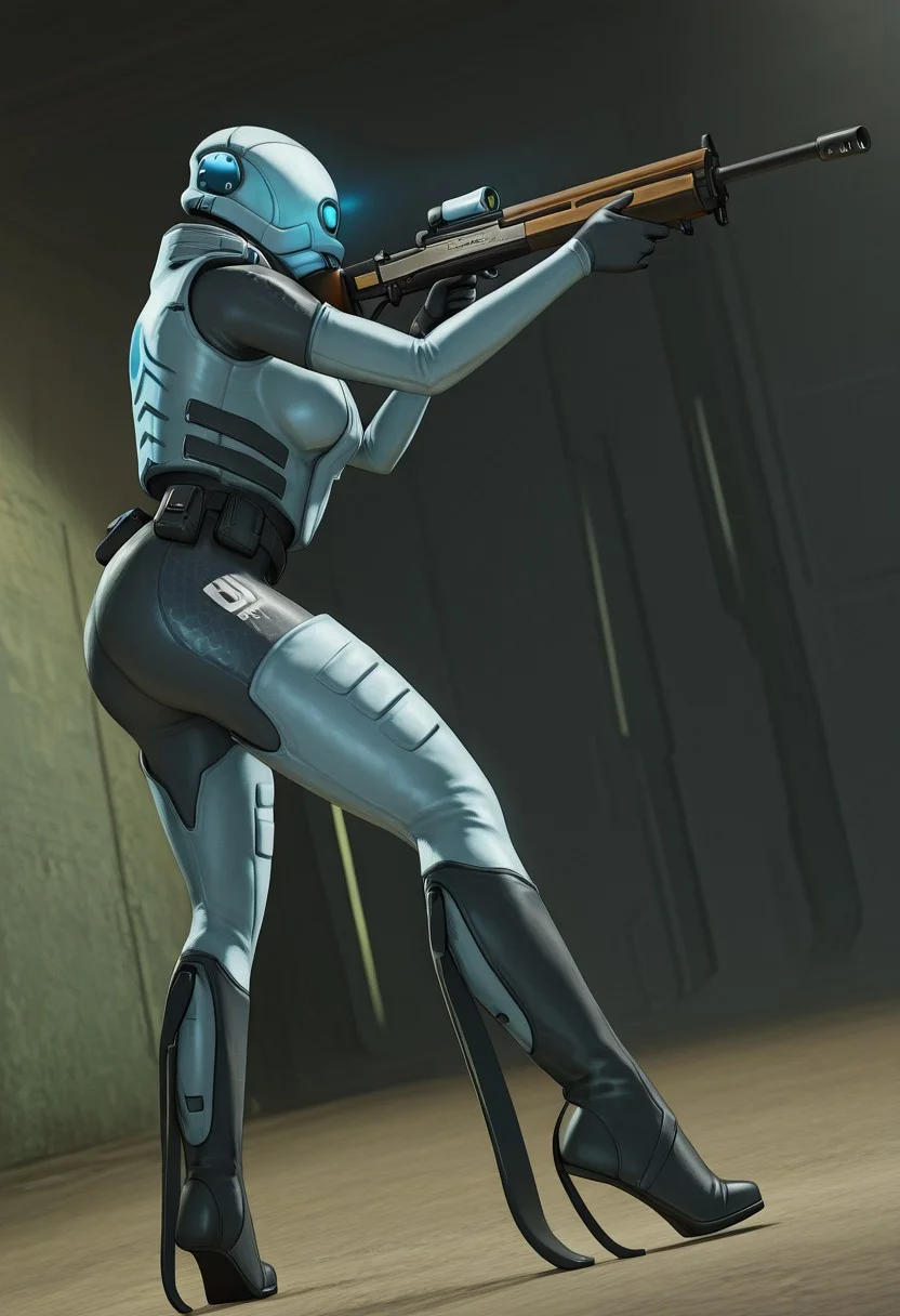 Blue_Eye, Combine_Assassin, a woman in a futuristic suit holding a gun, sensitive, 1girl, solo, holding, weapon, boots, high heels, gun, bodysuit, helmet, rifle, science fiction, aiming