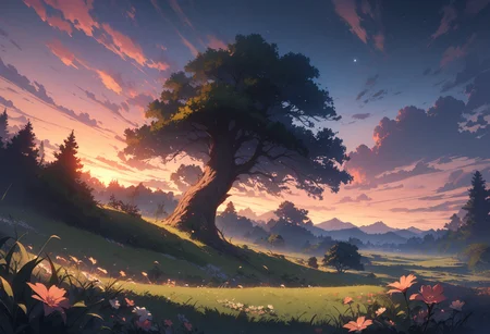 sky, tree, cloud, scenery, outdoors, grass, sunset, star \(sky\), flower, starry sky, cloudy sky, no humans, 1girl, solo, twilight, nature, wind, masterpiece, best quality, very aesthetic, absurdres,